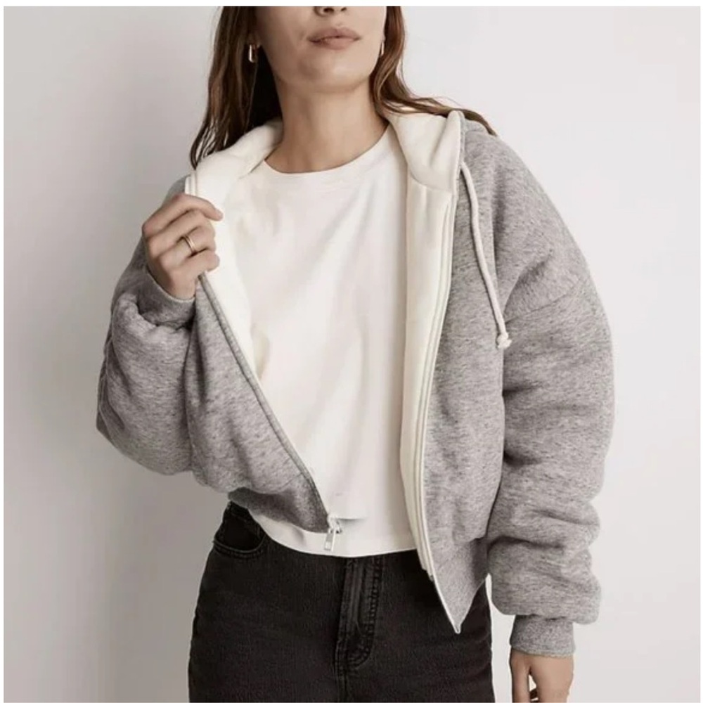 Madewell | Reversible Heather Puffer Zip Up Hoodie Jacket Grey & Cream | Size M